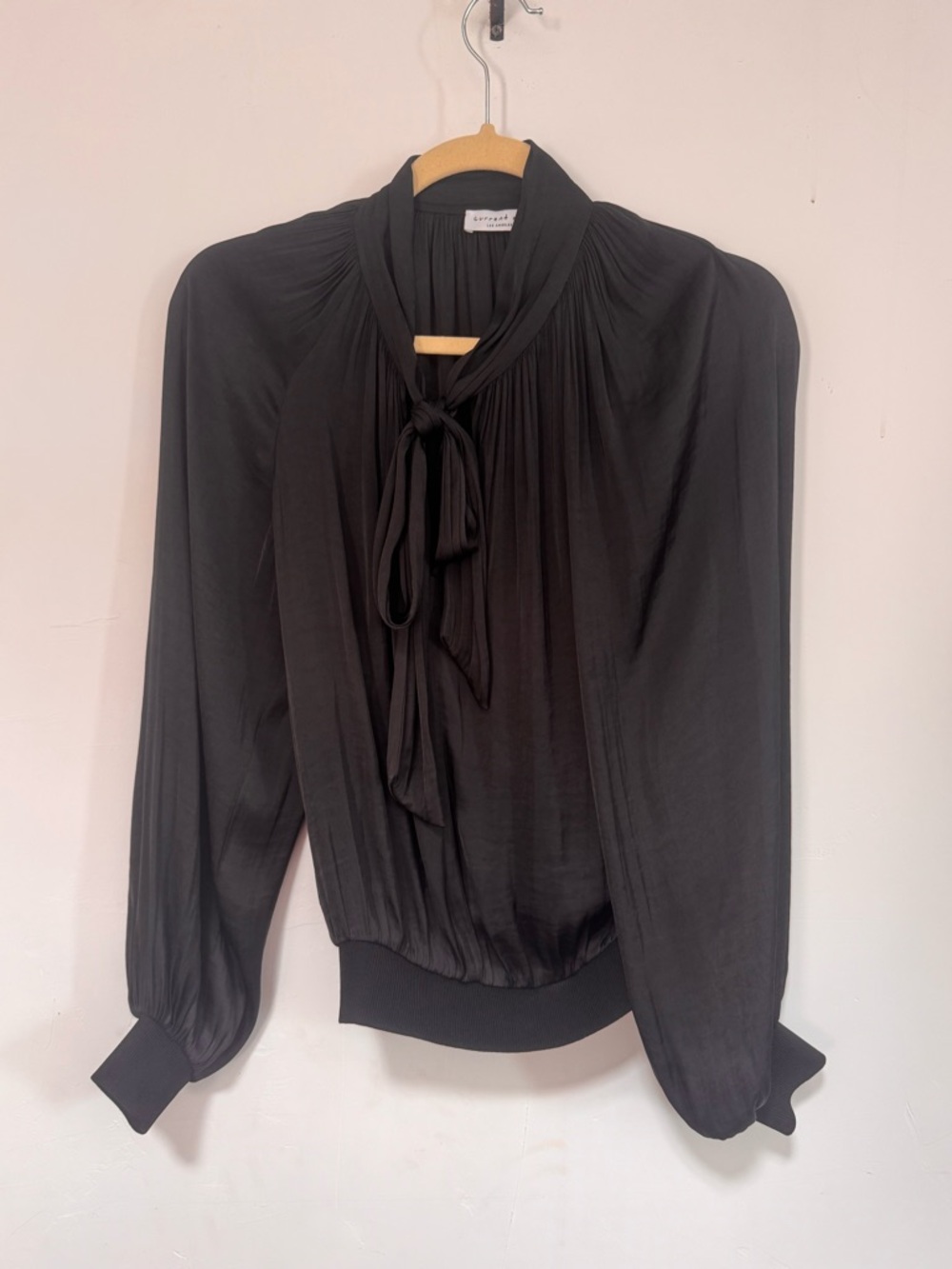 Current Silky Black Tie-Neck Blouse - Womens Top